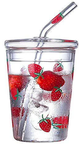 Glass Cup with Lid and Straw,URMAGIC 300ml Cute Strawberry Patterns Drinking Water Glass Cup,Clear Heat Resistant Drinking Cup,Reusable Smoothie Cup,Gift for Girls