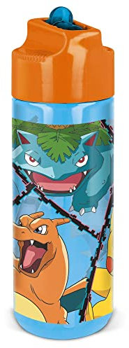 p:os 34248 Gourde Pokémon pour enfants, bouteille transparente avec paille intégrée à rabat, en plastique, sans BPA ni phtalates 540 ml