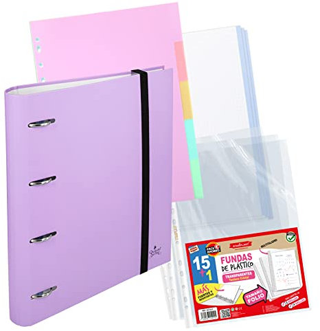 CARPETA ARCHIVADOR 4 ANILLAS QUIJOTE PAPER WORLD - Organizadores tamaño A4, colores pastel, uso escolar y de oficina - LILA + 100 RECAMBIOS + 15 FUNDAS + 5 separadores pastel