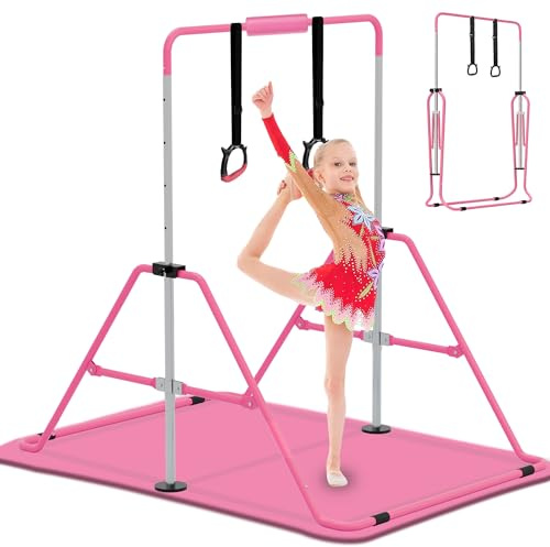 EVERYMILE Gymnastics Bars, Junior Training Kip Bar Gymnastics Equipment for Home,Adjustable Height Folding Horizontal Bar with Gymnastic Rings for Kid