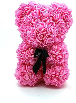 Amtang Rose Flower Bear Artificial Flower Hand Made Bear For Valentine's Day Birthdays Romantic Weddings Christmas Rose Gifts (25cm Pink)