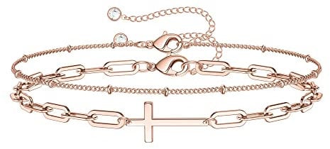 TINGN Layered Bracelets for Women, 14K Rose Gold Filled Layered Bead Chain Cross Rose Gold Bracelets Handmade Paperclip Chain Gold Bracelets for Womens Teenage Girls Jewelry Teen Girl Gifts