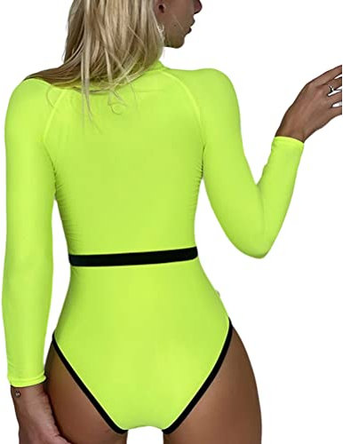 ORANDESIGNE Damen Badeanzug 2-Teilig Neon Rave Outfit Sexy Niedrig Geschnitten mit Y2K Langarm Crop Top Cover-up Bikini Clubwear J Grün M