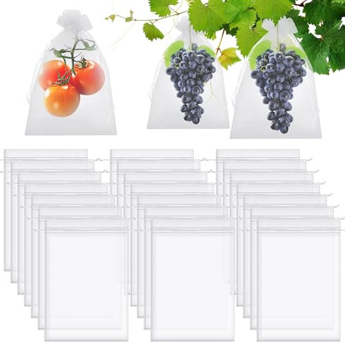 100 Stück Traubenschutzbeutel,Weiß Obst Schutzbeutel mit Kordelzug Garten Netz Beutel, Klein Insekten Mückennetz Absperrbeute Schutz von Pflanzen Frucht Blumen Gemüse 30x20cm
