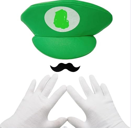 Miotlsy Kostüm Kinder, 3 Pcs Luigi Kostüm Cosplay mit Mütze Bart Handschuhe für Mädchen, Bodysuit Cosplay für Karneval Halloween Weihnachten Faschingskostüme