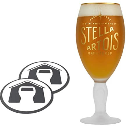 GarageBar | Stella Artois Glass | Stemmed Chalice Beer Glass | Official Merchandise | Comes with 2X Beer Drip Mats (1, Unfiltered - Pint/20oz)