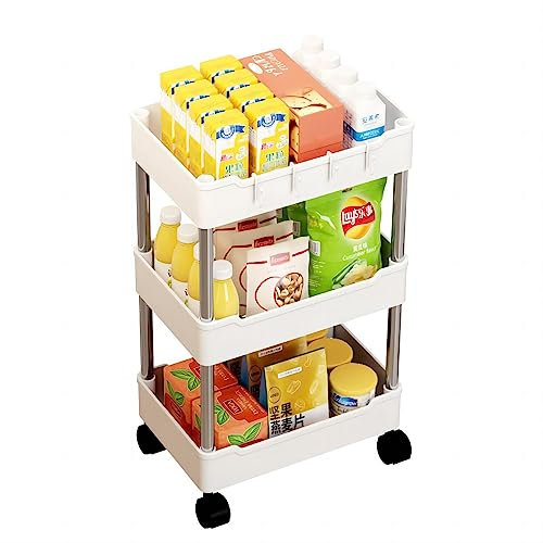 Multipurpose Rolling Trolley, Removable Storage Organizer Rack Shelf With Wheels for Bathroom Bedroom Kitchen Laundry Fruit Vegetable Snack Sundries Cosmetics Toiletries (White 3 Tiers,Normal)