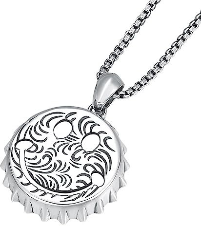 TYMONT S925 Sterling Silver Personalised Bottle Cap Smiley Face Pendant, Men's And Women's Wine Bottle Cap Sterling Silver Pendant Necklace,Silver,Single Pendant