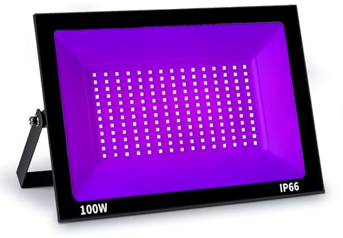 PlusBee Foco de Luz Negra 100W con 180 LED, Lámpara UV de Aleación de Aluminio, Longitud de Onda 385-400NM, Proyector UV Impermeable IP66 para Efectos Especiales, Seguridad y Fiestas