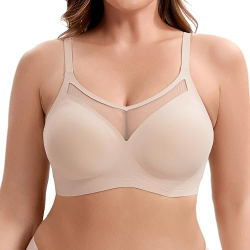 HBselect Wireless Push Up Bra for Women, Full Coverage Seamless Bras with Sheer Mesh, Removeble Padded and Adjustable Straps, Coffee Lace Bralette