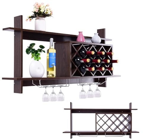 KOMFOTTEU Portabottiglie da parete per 10 bottiglie, mensola per vino sospesa con 2 supporti per bicchieri, porta bottiglie a parete, scaffale in legno, cucina, cantina, 120 x 58 x 20 cm