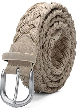 NEFLUM Cintura da uomo in maglia di pelle scamosciata con cinturino intrecciato in corda di cera senza fori Cintura in tessuto Cintura jeans casual, Beige, 130cm