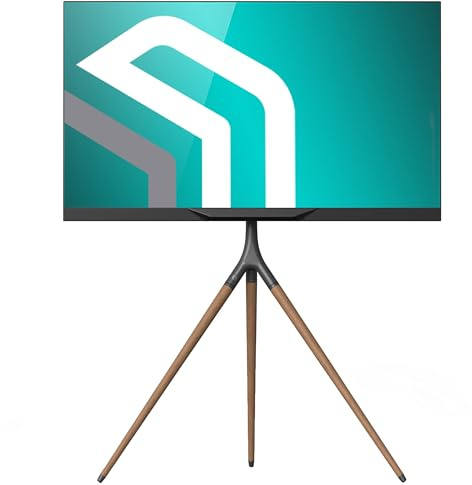 ONKRON Supporto TV Treppiede 32-65, 35 kg, max VESA 400x400, TS1220-B | Cavalletto TV nero, rotazione 360°, design in legno, struttura tipo treppiede, cavi nascosti; per salotto, hotel e uffici