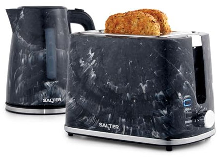 Salter COMBO-9011CA Marble Kettle and 2-Slice Toaster Set – 1.7 L Fast Boil Kettle With Removable Limescale Filter, Wide Toasting Slots, 7 Browning Levels, Removable Crumb Tray, 3kW/900W, Black