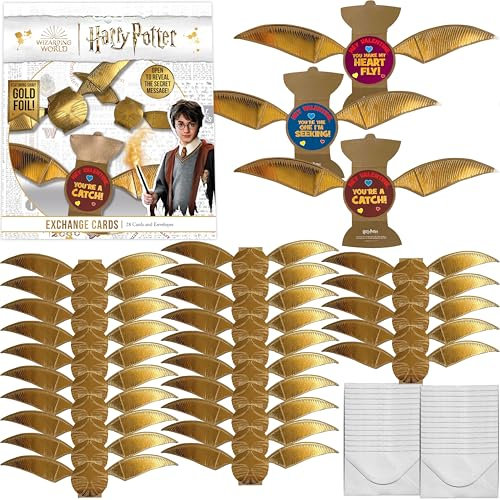 Harry Potter Golden Snitch Valentinstagskarten-Set für Kinder, 28 Karten und Umschläge, glänzende Goldfolie, Schnatzkarten mit lustigen Grüßen, ideal für Schule, Klassenzimmer, Austauschpartys, Jungen
