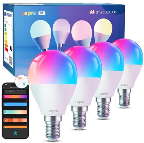 Lepro AI Smart Glühbirne BP1, G45 E14 LED Lampe Dimmbar 4.9W 470LM RGB+CCT, KI-Lichtdesign-Assistent mit Sprachsteuerung/Musik Sync, Kompatibel mit Alexa/Google, WiFi & Bluetooth, 4 Stück