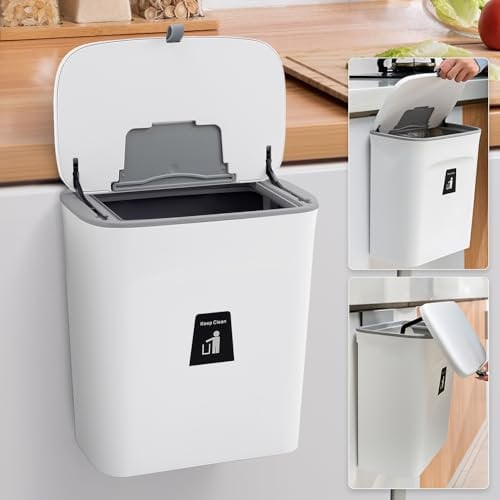 Warmiehomy Kitchen Bin Cupboard Bin with Lid 9L Wall Mounted Trash Bin with Pressure Ring Hanging Waste Rubbish Bin with Sliding Cover for Cupboard, Bathroom, White