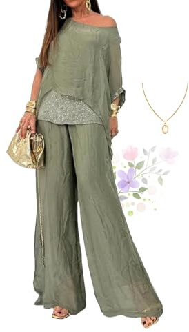 ZPLMIDE 2024 Sommer-Chiffon-Pailletten, lässiger Anzug für Damen, elegante Chiffon-Hose mit weitem Bein, zweiteiliges Set, Hosenanzüge für Damen, Hochzeit, grün, XXL