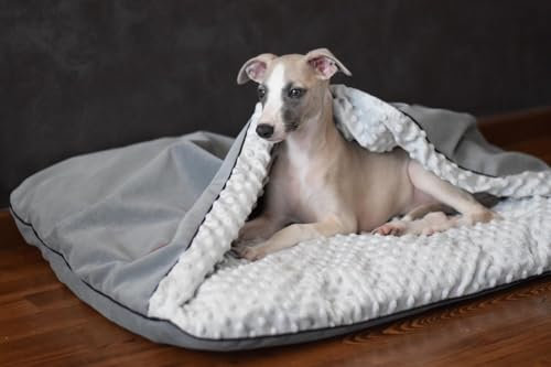 BORN2REST Hundebett für Mittelgroße und Kleine Hunde, Flauschiges Katzenbett Mit Kapuze, Rutschfestes Waschbares Haustierbett Lauren Design NEL (Grau, M 80 x 60 cm)