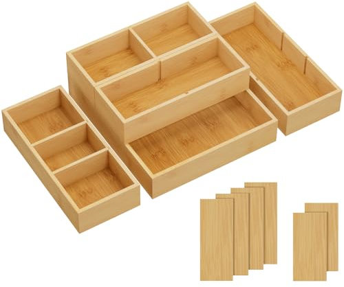 Lifewit Lot de 5 Organiseurs Tiroirs avec 6 Inserts, Boite Rangement Réglable avec 11 Compartiments, Séparateur Tiroir en Bois pour Ustensiles de Cuisine, Maquillage, Bijoux, Bureau, Salle de Bain