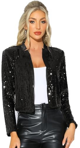 Allegra K Damen Kurze Pailletten Jacke Partys Langärm vorne Offen Funkelnder Glitzer Blazer Schwarz M