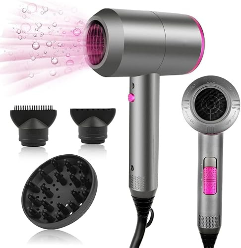 Föhn Ionen Haartrockner 1500W AC Motor Professioneller Fön mit 3 Hitze-Einstellungen, Kaltlufttaste mit 1 Diffusor & 2 Konzentratoren für viele Frisuren - Grau