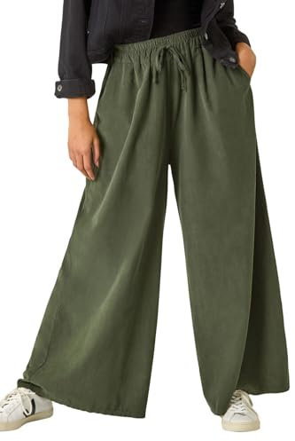 Roman Originals Baby Corduroy Wide Leg Trousers for Women UK - Ladies Everyday Autumn Winter Round Neckline Comfy Soft Evening Vacation Work Party Night Out - Khaki - Size S