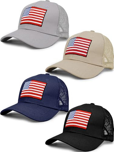 ROLVNHTV 4 Pcs American Flag Hats for Men USA Trucker Hat Patriotic Mesh Back Hat 4th of July Baseball Cap American Flag Cap Breathable Adjustable Golf, Black, One size