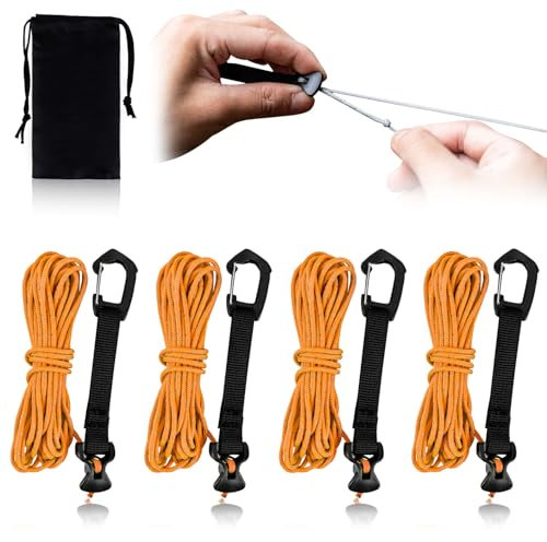 4M Reflective Tent Guy Ropes - Ultralight Outdoor Tent Guide Rope with Locking Carabiner Clip,2mm 100% Nylon Cord Wind Line for Awning Camping Hiking Tents (Orange, 4M)