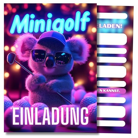 HIDEBLOOM Minigolf Einladungskarten Kindergeburtstag Junge und Mädchen I 12 Stück I DIN A6 (10,5 cm x 14,8 cm) I Einladungen Minigolf I Einladung Geburtstag Golf Kinder I Koala