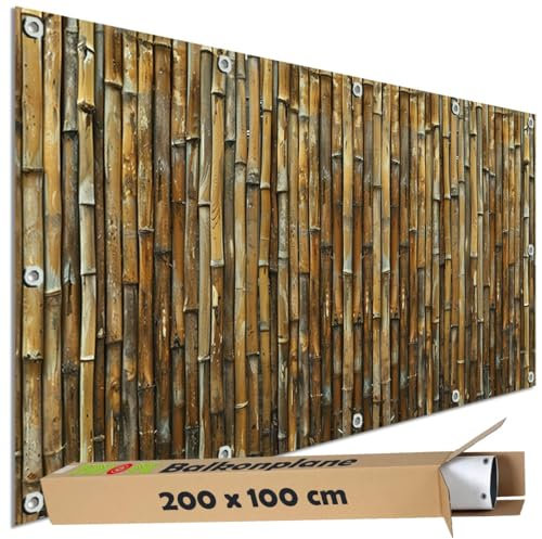 TRIOSK Sichtschutz Balkon Deko Plane Balkonblende Blickdicht mit Motiv Bambus Stäbe Optik für Garten Terrasse Gartenzaun Balkonverkleidung Blickschutz PVC groß 200x100 cm Braun