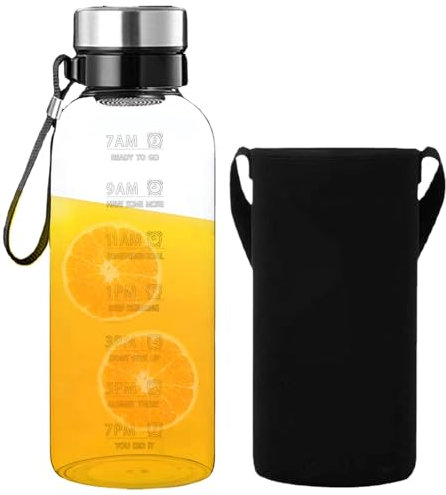 Water Bottle with Time Marker 2l Clear High Borosilicate Glass Water Bottles with Lanyard, Sleeve & Removable Filter Leakproof Dishwasher Safe Bottle for Home, Office, Sports Glass