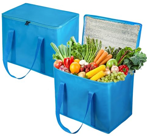SYF-UN 2 Pack Insulated Reusable Grocery Shopping Bag, Food Delivery, Cooler Bag, Heavy Duty, Large Size, Durable Handles, Dual Tab Zips, Lid, Stands Upright, Collapsible, Sustainable (Blue, 2 Pack)
