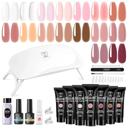 ROSALIND Acrygel Kit Complet, 16 Couleurs 10 ml Gel pour Extension d’Ongle Avec Lampe UV, Base & Top Coat et Outils de Manucure, Gel Construction Ongle UV Set de démarrage pour DIY Nail Art