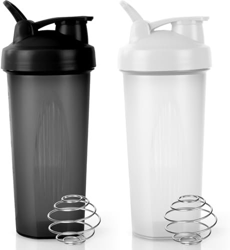 ACWOO Protein Shaker Bottle with Stainless Steel Mixing Ball 600ml, 2pcs Protein & Supplement Shaker Bottle, BPA Free Protein Shake Bottle, Leak Proof Flip Flop Lid Shake Bottle Mixer, Black + White