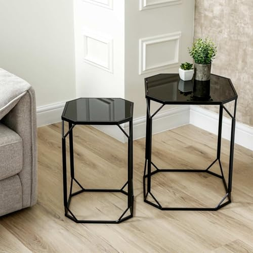 VANITY LIVING Set of 2 Black Metal Nesting End Table for Living Room Furniture, Mirror Top Nest of Side Tables, Accent Table