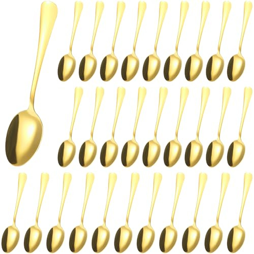FAAING 30 Stück Edelstahl Teelöffel Gold, 13,5cm Dessertlöffel Kaffeelöffel Suppenlöffel, Kleine Löffel Espressolöffel Besteck für Tee, Kaffee, Eiscreme, Dessert, Spülmaschinenfest
