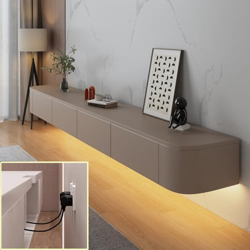 XDXINY TV-Medienkonsole, schwimmender TV-Schrank, Wandmontage, TV-Schrank, mehrere große Aufbewahrungsmöglichkeiten, TV-Bank unter dem TV-Lowboard mit Schubladen (Khaki + LED, 160 * 20 * 24cm)