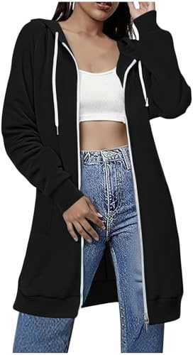 RLEHJN Lange Dünne Sweatjacke Damen mit Kapuze Zipper Hoodie Oversize Jacke Damen Übergangsjacke Große Größen Einfarbig Kapuzenjacke Locker Kapuzenpullover mit Taschen Freizeit Sweatshirt für Frauen