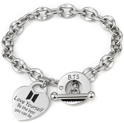 DEFGNOP BTS Silber Edelstahl Armband, Unisex Armband, Kpop Armband mit 1 Aufkleber und 2 Photocard, BTS Fanartikel Geschenk für Fans