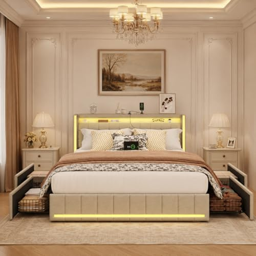 JiaOyu Polsterbett 140x190 cm mit USB-Ladefunktion & LED-Kopfteil, Stauraumbett mit 4 Schubladen, Jugendbett Doppelbett inklusive stabilem Lattenrost aus Holz, ohne Matratze (Beige, 140x190cm)