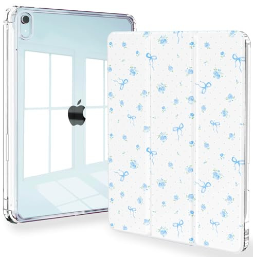 Feams Case for iPad mini 7 A17 Pro 2024/iPad Mini 6 2021, Slim Lightweight Trifold iPad mini 7 A17 Pro Case 8.3 Inch 2024 Clear Back Cover with Pencil Holder & Auto Sleep, Blue Bow Flower