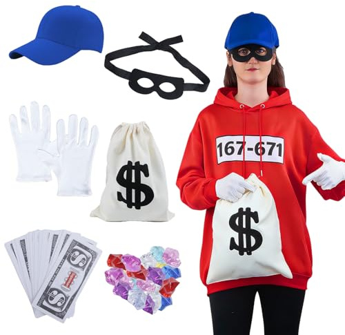 Moiuguli Kostüm Panzerknacker, Panzerknacker Kostüm Herren Damen, Panzer Knacker Kostüm Erwachsene Augenmaske Handschuhe Kordelzugbeutel, Kostüm Karneval Herren Halloween Räuber Dieb