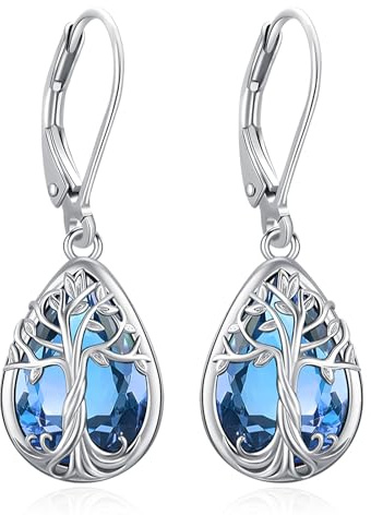 Eusense Boucles d'Oreilles Pendantes Goutte d'Eau en Cristal avec Arbre de Vie et Filigrane Incrustation de Pierres Lune, Améthyste, Péridot et Grenat, Bijoux pour Femme, Cadeau d'Anniversaire