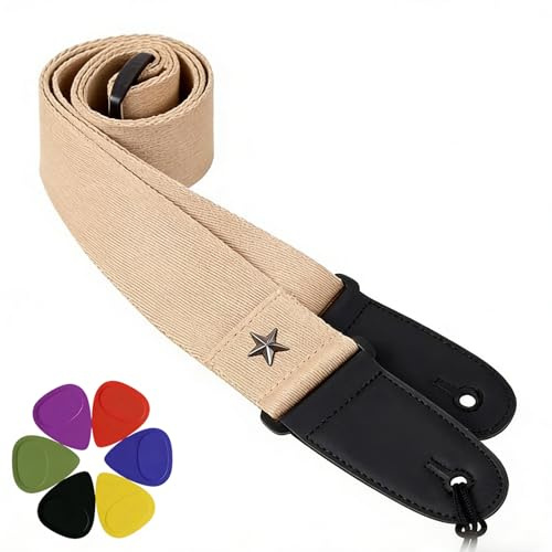 PENGCHE Gitarrengurt,Gitarrengurte mit Plektrum-Tasche und 3 Gitarrenplektren,Vintage Baumwollgitarrengurte mit Echtlederenden für Bass, Elektro-und Akustik-Gitarre
