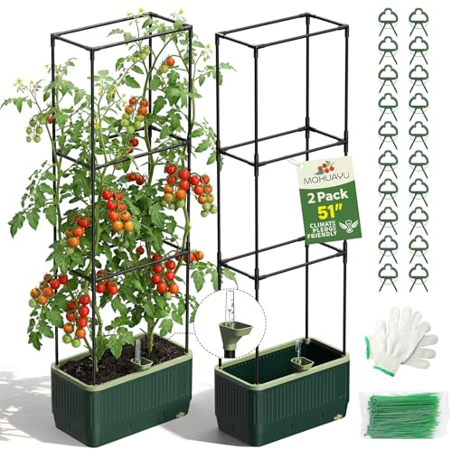 MQHUAYU 2 Pack Raised Garden Bed with Trellis, Self Watering System, Height Adjustable Tomato Planter, Elevated Rectangular Planter Box for Vegetables, Tomato & Climbing Plants,Outdoor Patio Garden