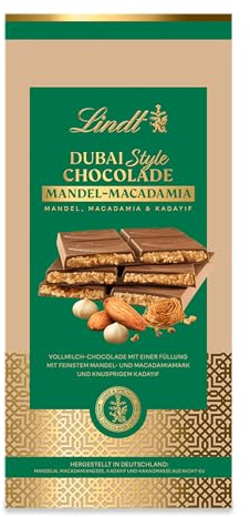 Lindt Schokolade | DUBAI STYLE Mandel-Macadamia, 150g Tafel, Geschenk | Vollmilch Schokolade, Mandel- & Macadamiacreme & knuspriger Kadayif, zum Teilen & Verschenken, orientalische Spezialität