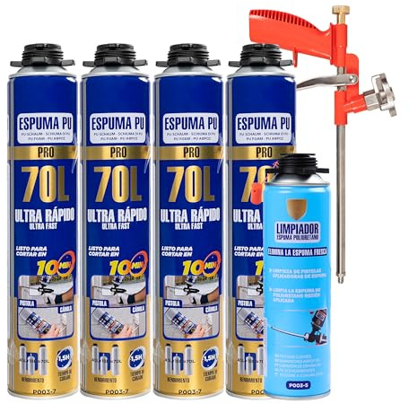 Kit Espuma de Poliuretano 70L Ultra Rápido – 4 Botes Espuma Expansiva 750ml con Pistola Aplicadora y Limpiador de Espuma 500ml – Set para Sellado, Aislamiento y Construcción