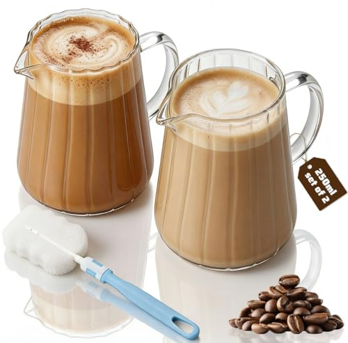 2 Stück Milchkännchen Glas 250ml Hitzebeständig Milchkanne Glas | Espresso Kännchen Glaskanne 250ml, für Milch Spülmaschinenfest Mikrowelle Geeignet, für Milchaufschäumen Kaffee Tee
