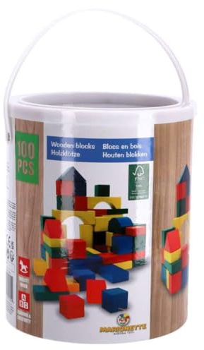 Marionette Wooden Toys 100 Stück Holzbausteine, bunt lackierte Bauklötze, 8 Formen, Trommel mit Tragegriff, für Kinder ab 2 Jahren geeignet